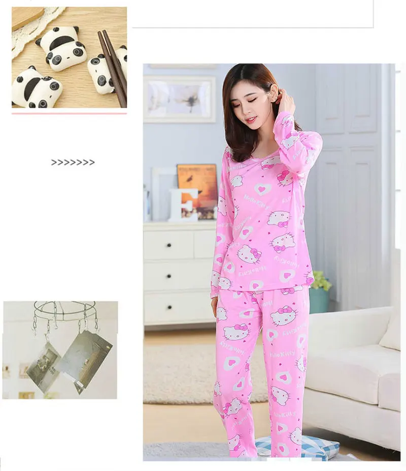 

Autumn Winter New Long Sleeve Women Pajamas Set Round Neck Cartoon Cat Kitty Print Sleepwear Female 2 Piece Winter Pajama Set