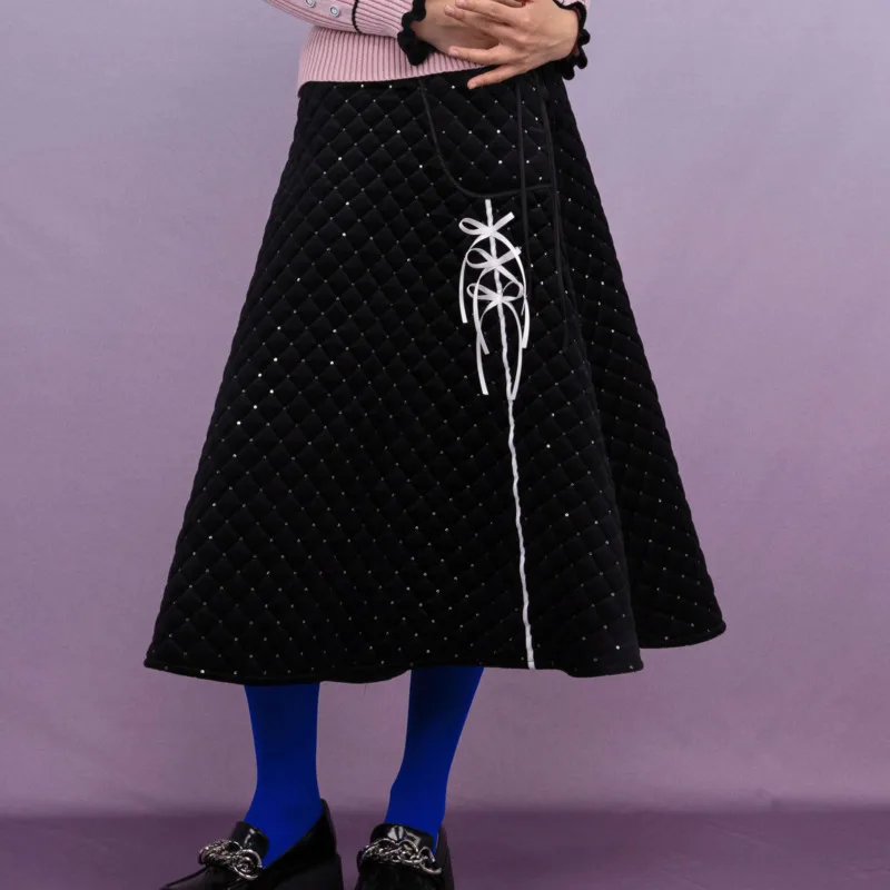 

[DEAT]short Black Velvet Crystal Thicked Cotton Padded Coat Mid Calf Skirt Women High Street New Fashion Tide 2021 Spring GX148