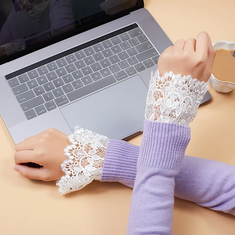

Women Decorative Layered Horn Cuffs Bracelet Hollow Out Embroidery Leaves Lace Fake Sleeves Detachable Adjustable Buttons Wristb