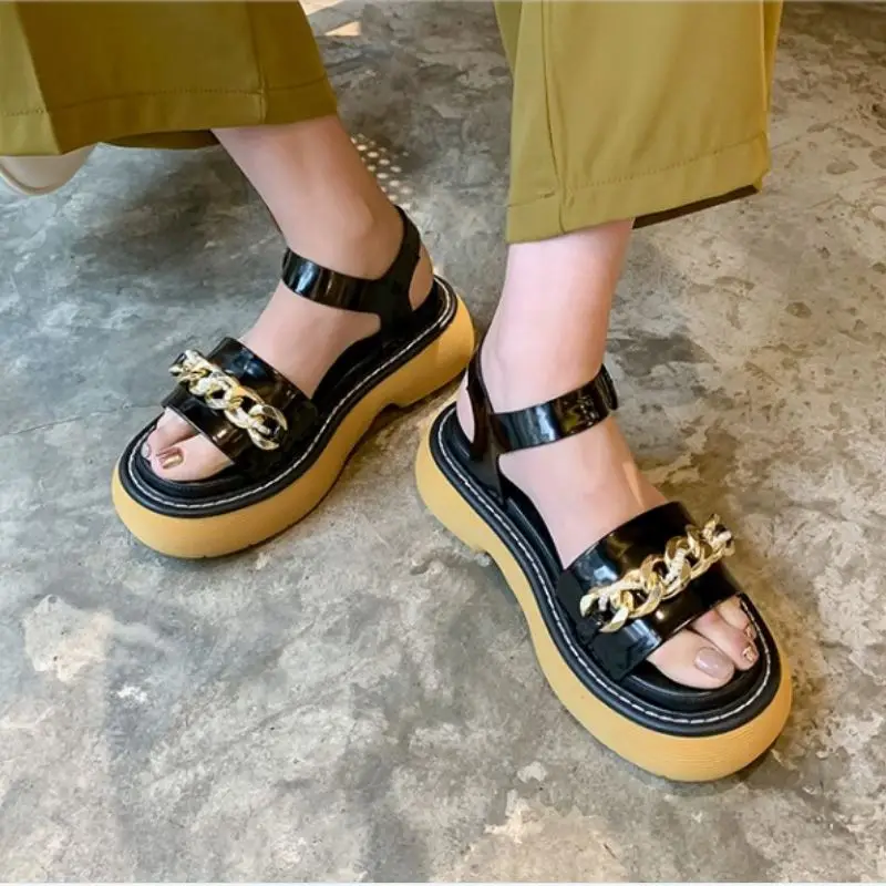 

RizaBina Sandals For Women Real Leather Round Toe Summer Women Shoes Fashion Metal Decoration Buckle Footwear Size 34-39