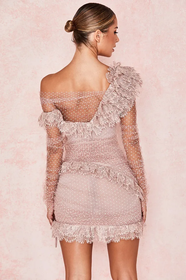 

Women's lace long-sleeved short skirt polka dot mesh stitching sexy hip dress