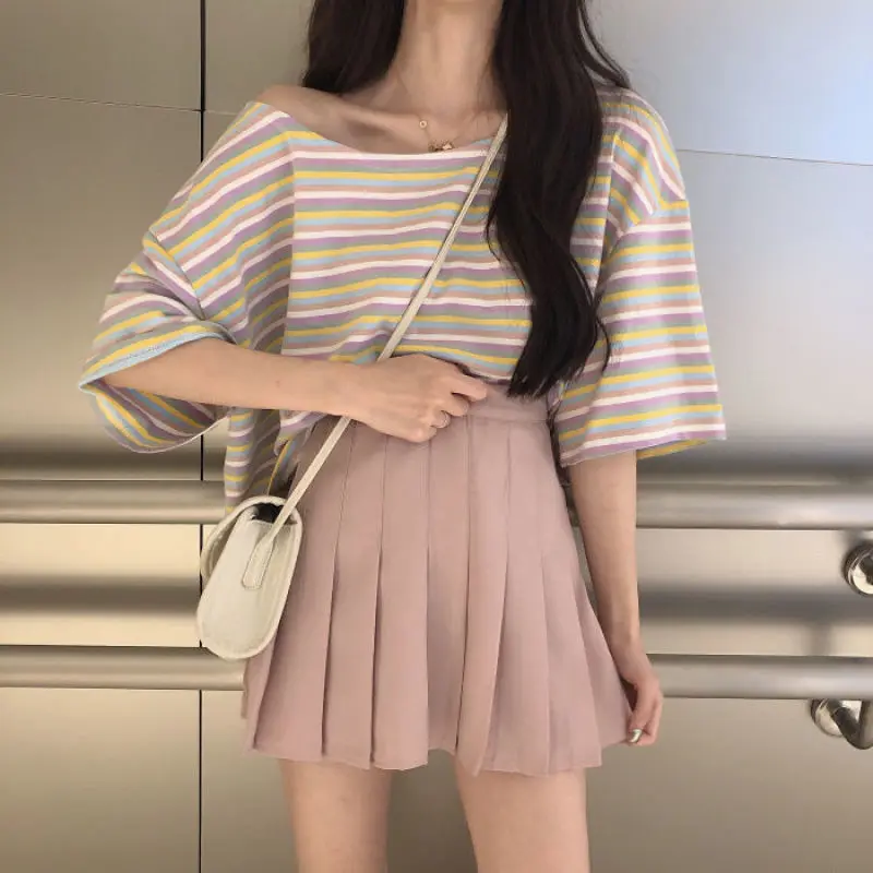 

Slash Neck Rainbow Tee Shirt Women Sexy Clothing Summer Crop Top Korean Fashion Striped T-Shirt Designer New 2021 Casual Tshirt