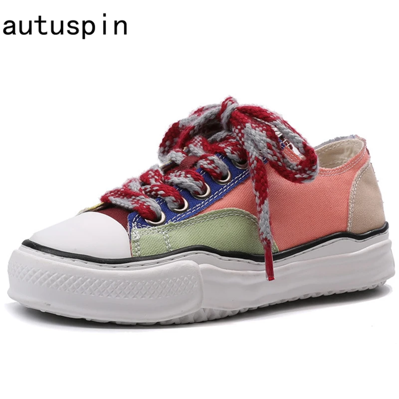 

Autuspin Mixed Colors Canvas Shoes for Women Summer Newest Cross Tied Platform Vulcanized Sports Sneakers Ladies Casual Footwear