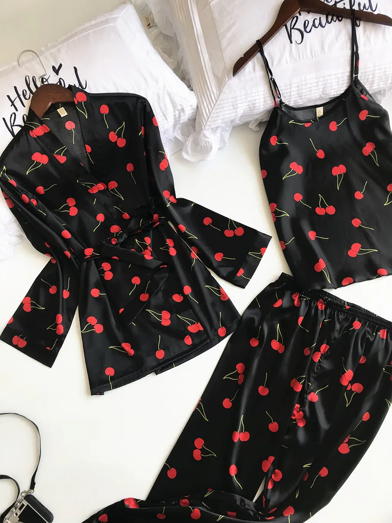 Женская пижама из трех предметов черная шелковая атласная Домашняя одежда