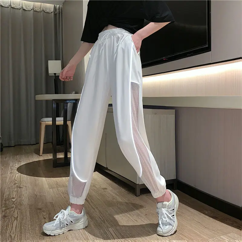 

Summer Streetwear Joggers Trousers Women Reflective Pants Breathable Mesh Striped High Waist Pants Women's Pants Wide Leg Pants