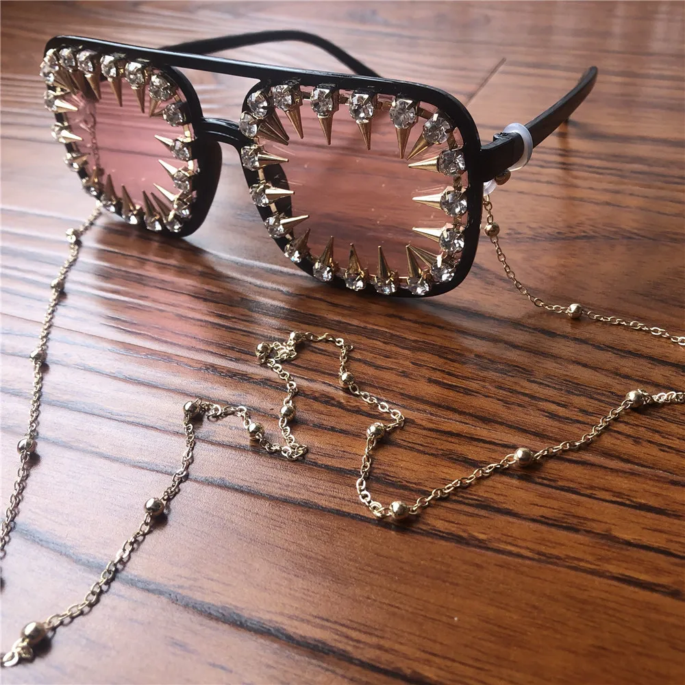 Очки богатые женщины серии 201 стразы с золотой цепочкой розовые/круглые