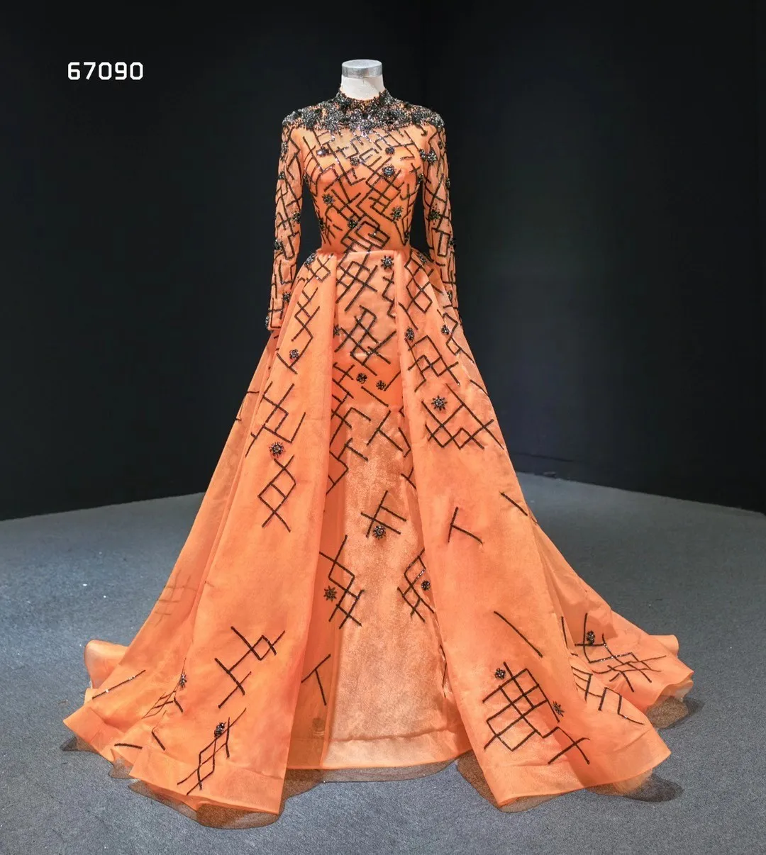 

Organge A-line Long Prom Dresses High Neck Long Sleeve Lace Beaded Formal Evening Dress 2020 Arabia Muslim Engagement Gowns