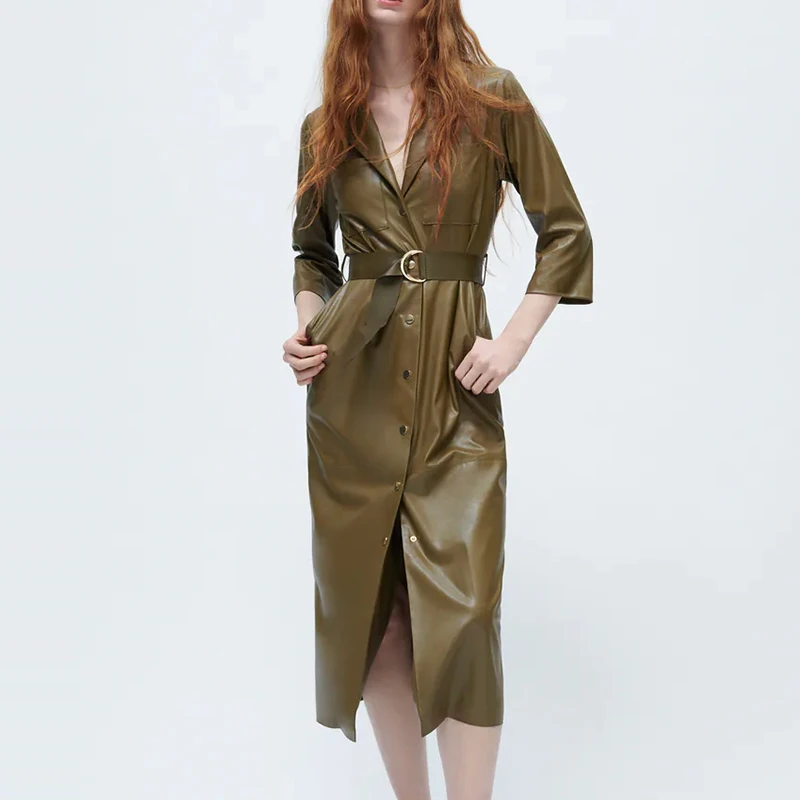 

WXWT Za Fashion Women Army Green Faux Leather Dress Ladies Long Sleeve Slim Chic Elegant Midi Dress Vestidos With Belt BB4166
