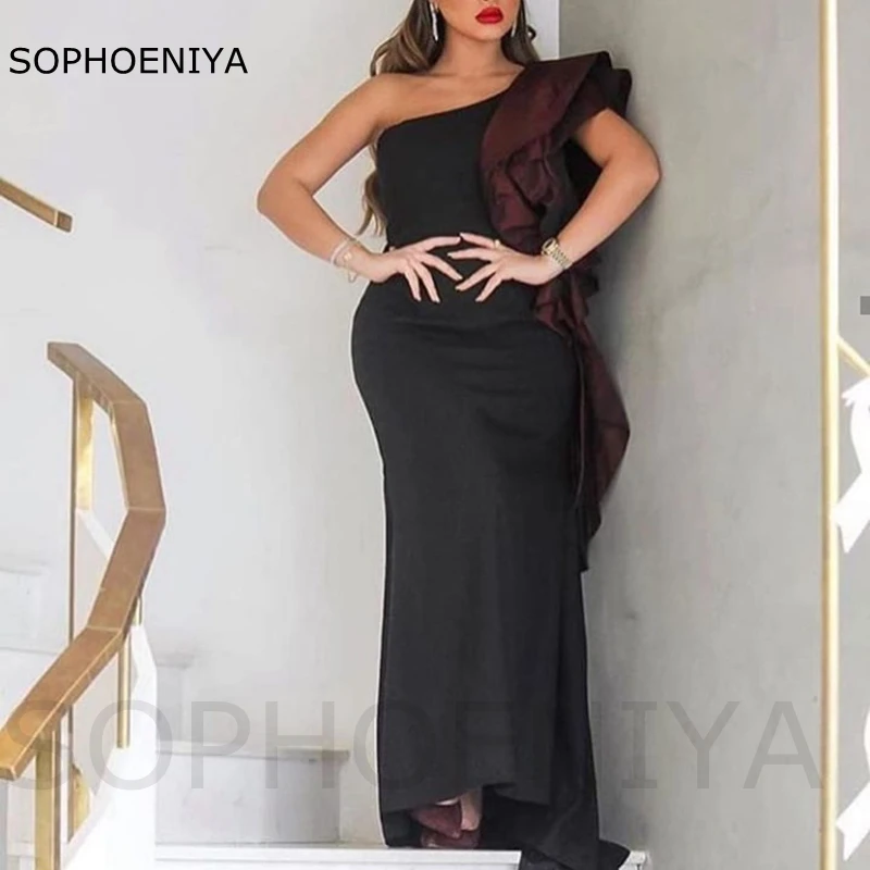 

New Arrival One Shoulder Black party dresses women evening gown Robe de soirée de mariage Mermaid dress Vestidos de fiesta