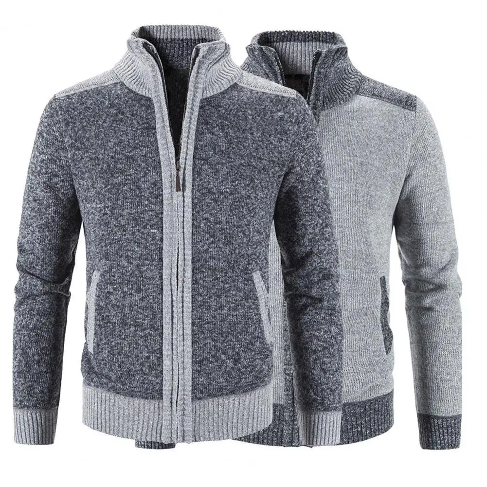 

Plaid Lined Zipper Closure Male Sweater Coat Stand Collar Long Sleeve Patchwork Color Pockets Sweater Jackets Men Knitwear