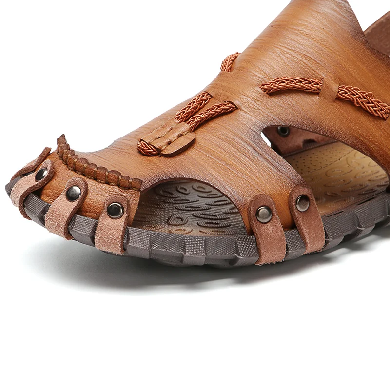 Cheap Summer Handmade Shoes Leather Men Sandals Casual Slip On Flat Mens Sandals Non slip Outdoor Beach Slippers Men Sandles