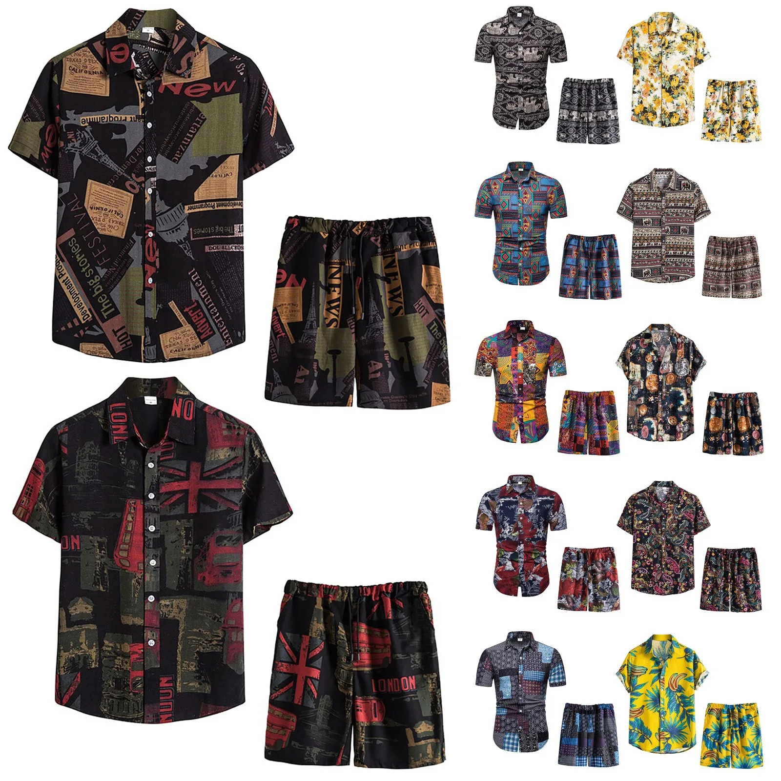 

50# Men Hawaiian Sets Mens Summer 2-piece Beach Printed Short Sleeve Shirts Shorts Pants Sets Two Piece Set Ropa De Hombre Male