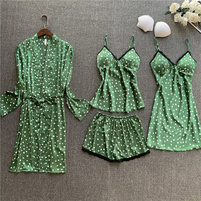 

2020 Silk Pajama Sets Women Robe Sleepwear Sling Short 4 Pieces Pyjamas Sets Spring Summer Satin Lace Pijama Bathrobe