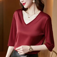 summer korean silk t shirts for women vintage satin tops for women cotton short sleeves t shirt black office lady shirts