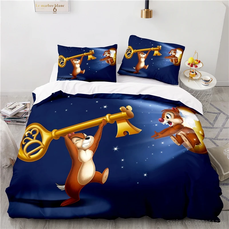 Disney Cartoon Chip 'n' Dale Kawaii Bedding Set Queen King Size Chipmunk Brothers Duvet Cover with Pillowcase for Kids Gift |