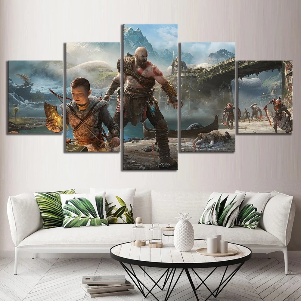 

Modern Poster Canvas Wall Art Home Decor 5 Pieces God Of War Kratos Game Painting HD Printed Modular Picture Living Room Framed