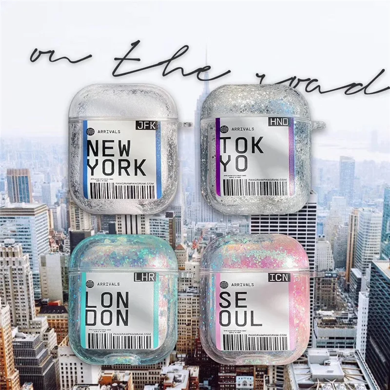 Город этикетки штрих кода с блестками жидким песком чехол для Airpods Беспроводной