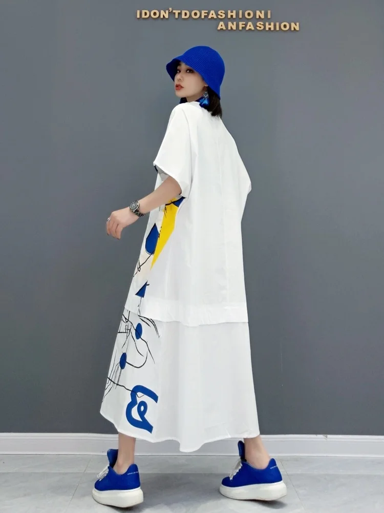 

QING MO 2021 Summer New Women Short Sleeved Dress Loose Large Size Printing Pocket Stitching Dress Fashion Street Dress ZWL149