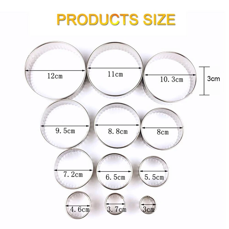 Набор круглых резцов печенья для из нержавеющей стали с рифленой кромкой 12 штук