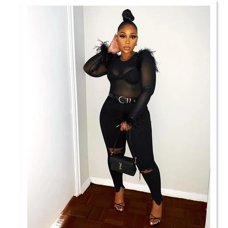 

BKLD женские футболки, НОВАЯ тонкая модная Лоскутная сетчатая прозрачная уличная одежда в стиле Харадзюку с перьями, однотонный черный ажурн...