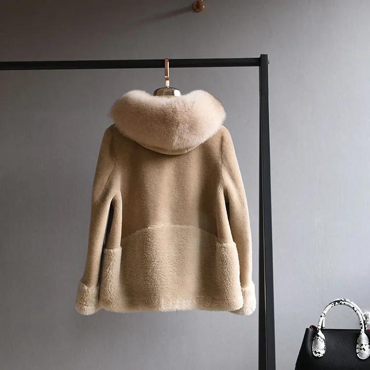 OFTBUY пальто с натуральным мехом, зимняя женская куртка, Воротник из натурального Лисьего меха, капюшон, шерсть, тканая верхняя одежда, плюшевый флис