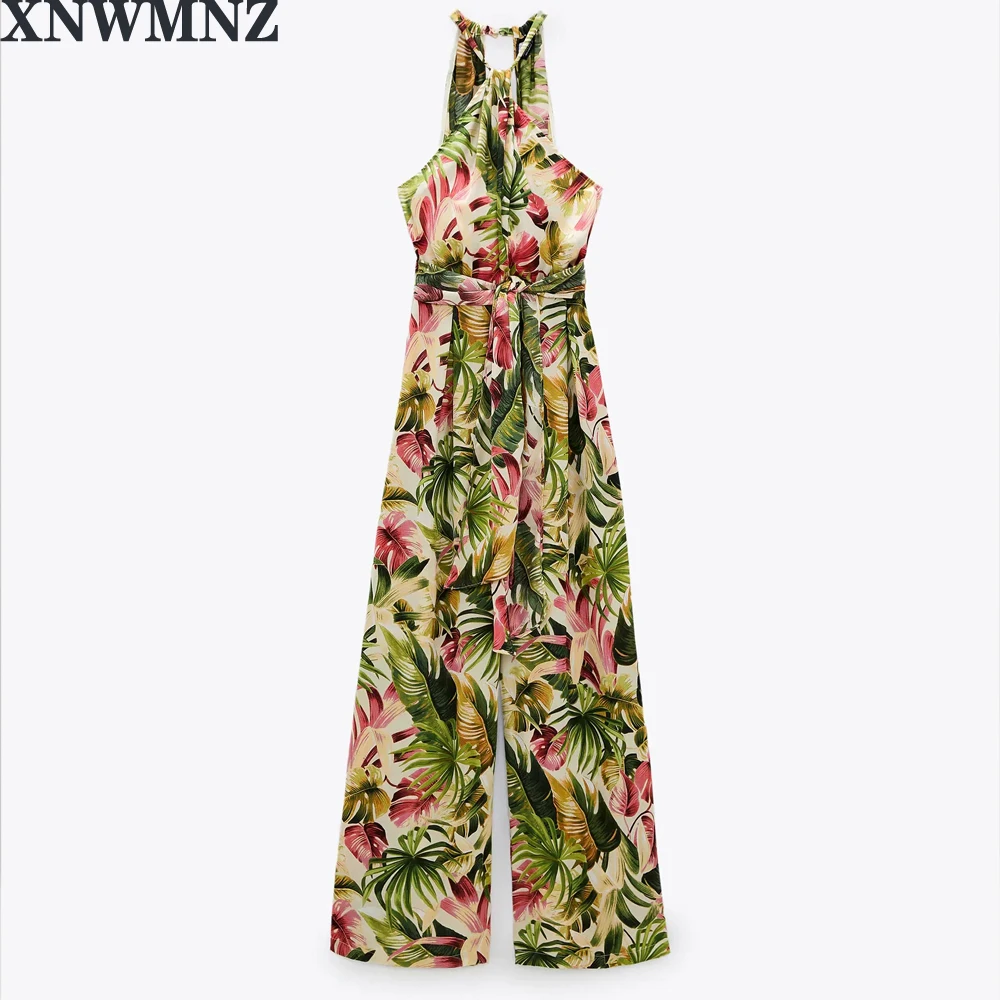 

XNWMNZ za Summer Beach Style Halter Jumpsuits Women Fashion Loose Printed Jumpsuit Women Elegant Long Jumpsuits Female Ladies