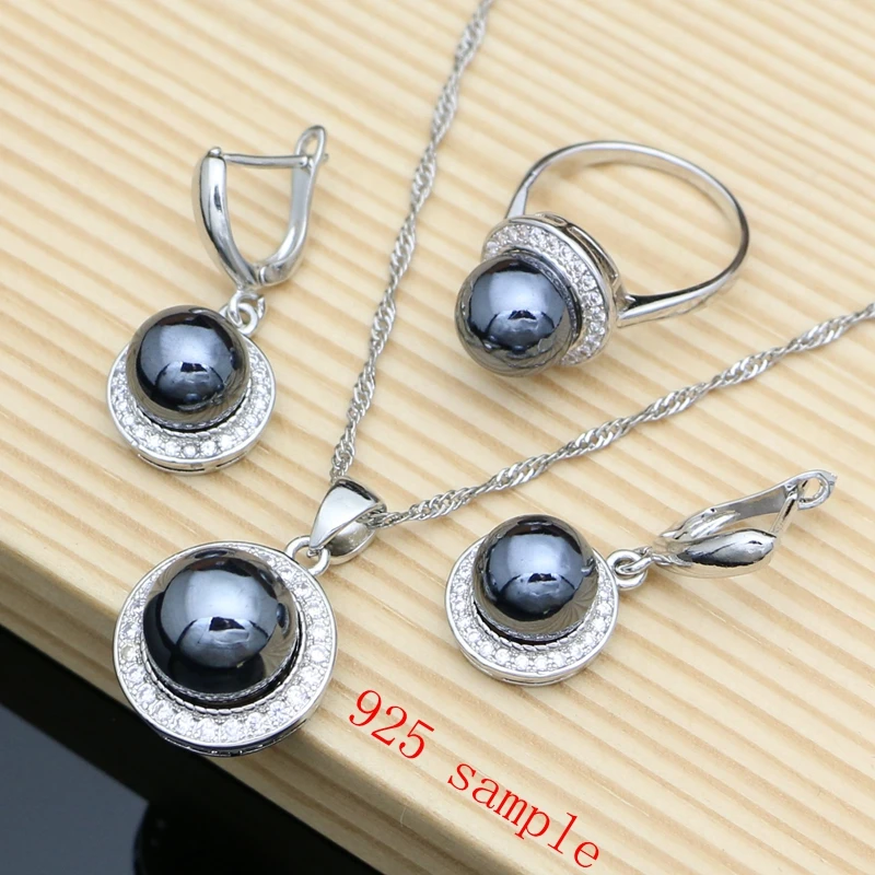 

Shiny Black Pearl Silver 925 Jewelry Sets for Women Charm Zircon Bracelet Earrings Ring Necklace Sets Wedding Gift Dropshipping