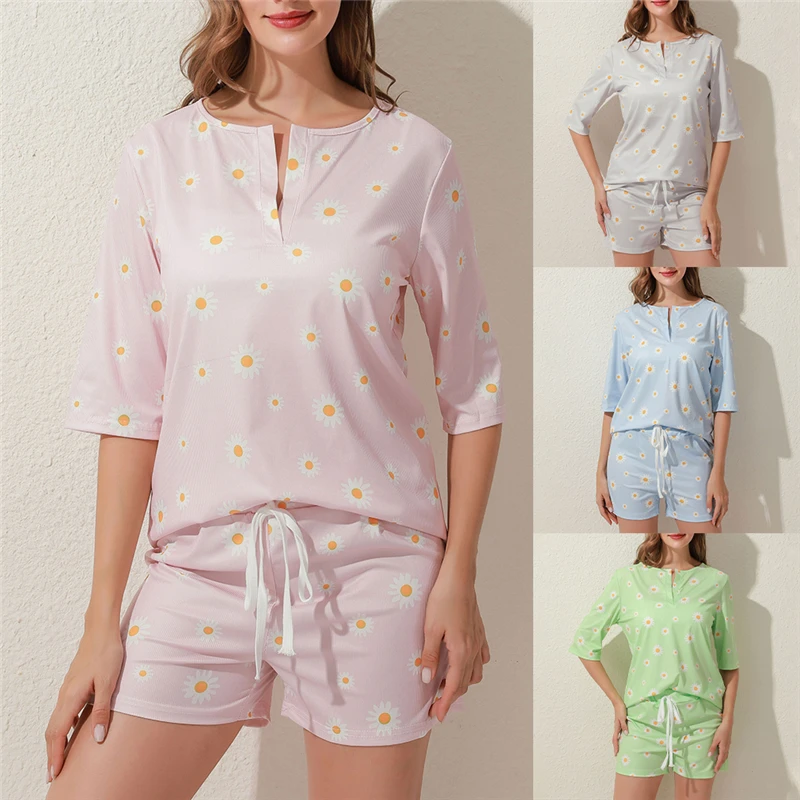 

High Quality New Fashion Women Print Pajamas Set Short Sleeve Tracksuit Shorts Sleepwear Set Two Piece Set Nightwear
