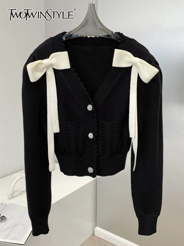 

Женский свитер с бантом TWOTWINSTYLE, Однотонный свитер с v-образным вырезом и длинным рукавом, Женский вязанный кардиган в Корейском стиле