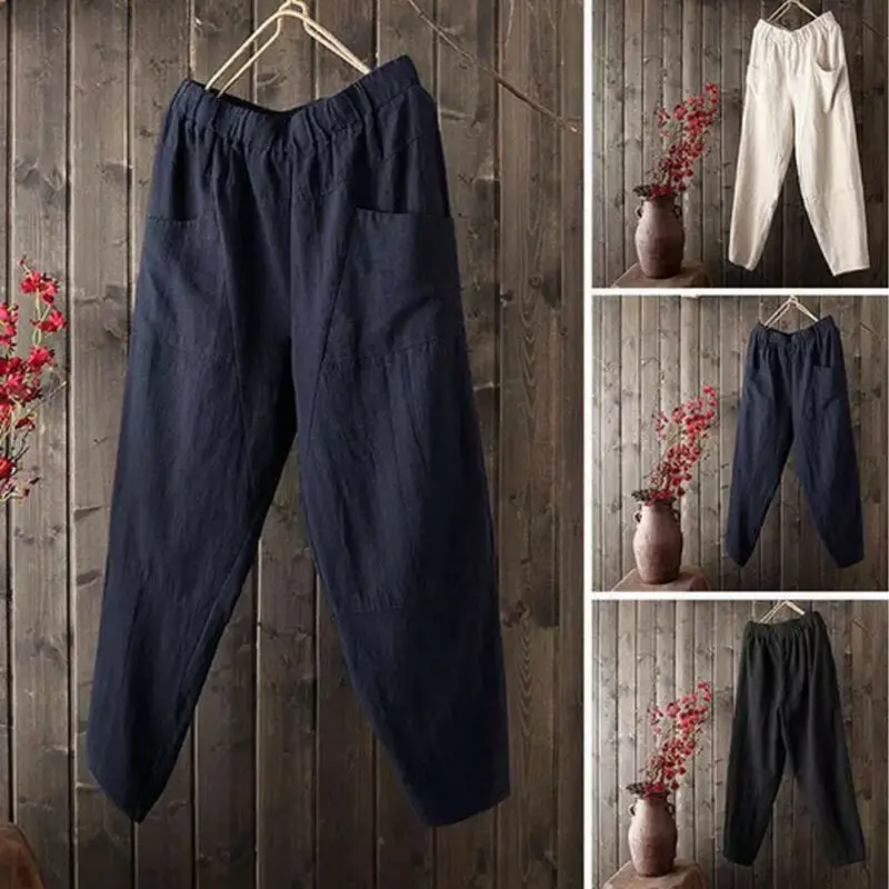 

Women Linen Cotton Loose Pants Beach Drawstring Ya Casual Long Slacks Trousers