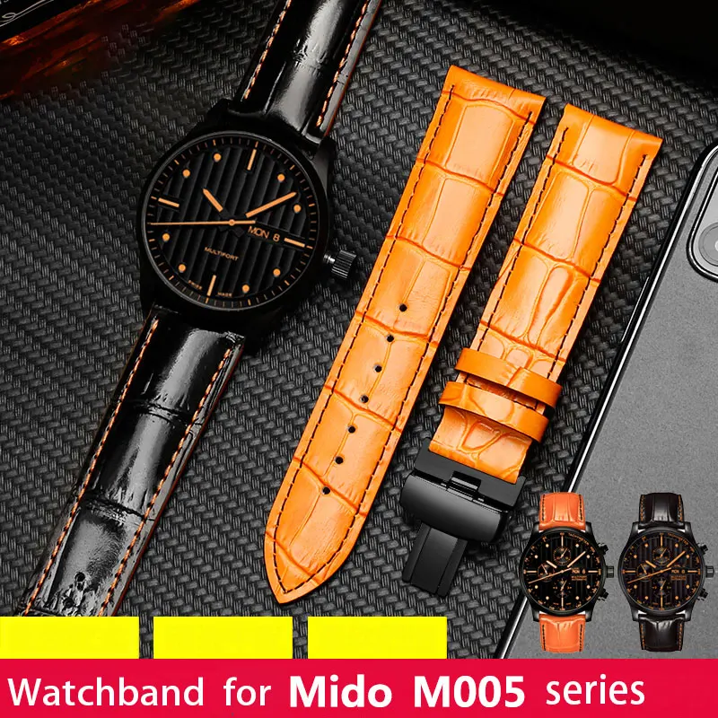 

Cowhide watch strap for Mido leather watchband men's rudder watch belt M005 black orange butterfly buckle 22mm 23mm wristband