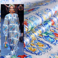 blue and white porcelain digital organza satin silk fabric for dress tissus au m%c3%a8tre telas por metro tissu vestidos sewing seda