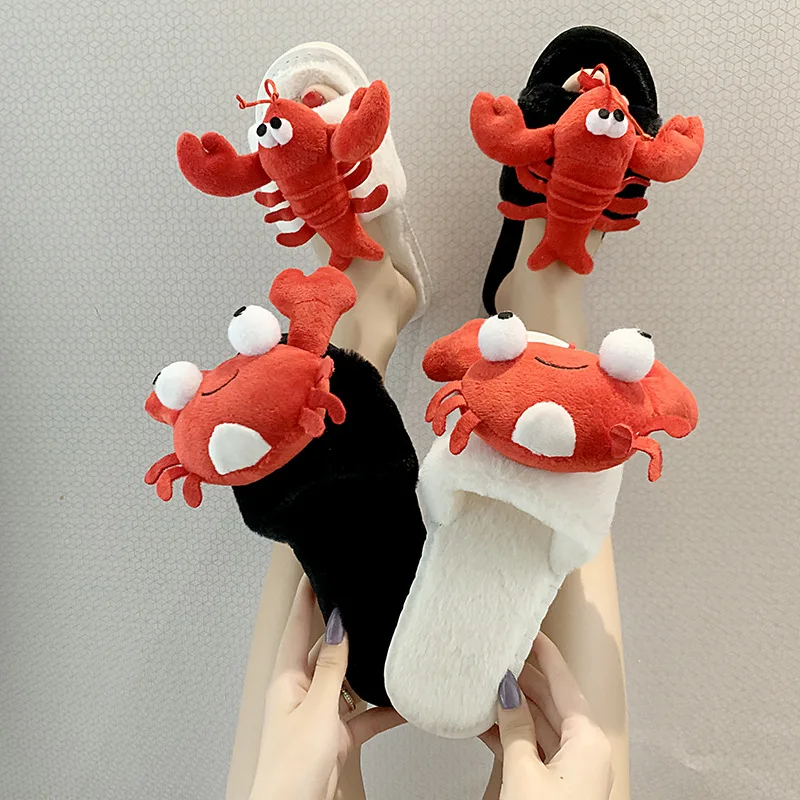 

Lobster Women Christmas Plush Slippers Cartoon Cute Crab Home Slipper Furry Faux Fur Slides Woman Warm Winter Flip Flop Shoes