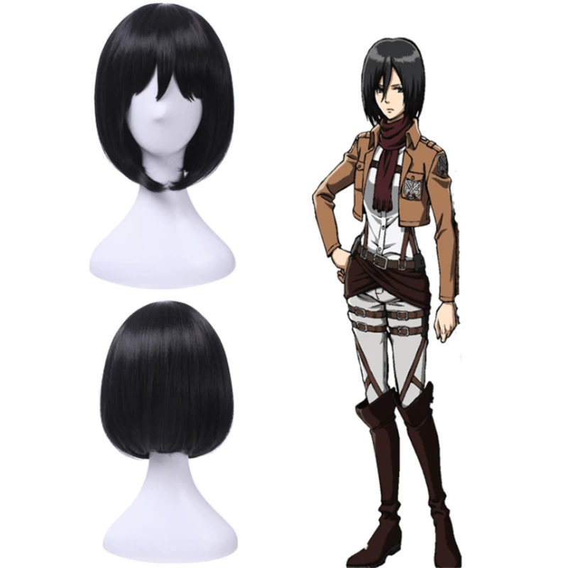 Парик Mikasa Ackerman Bob черные короткие волосы шелковистые прямые синтетические парики