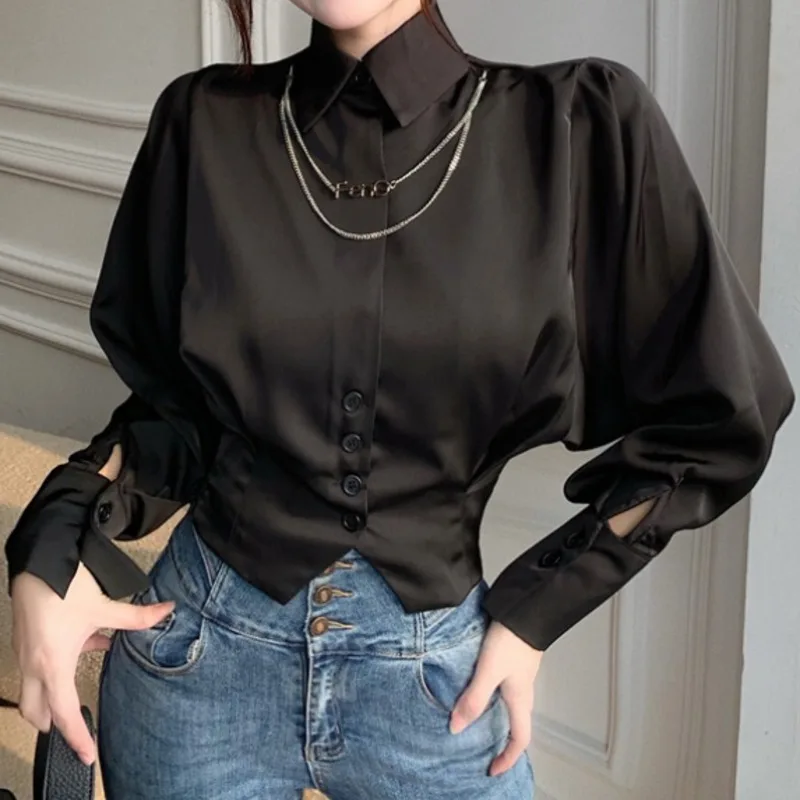 

Autumn shirt female design sense niche 2021 new French temperament black shirt short long sleeve chic top