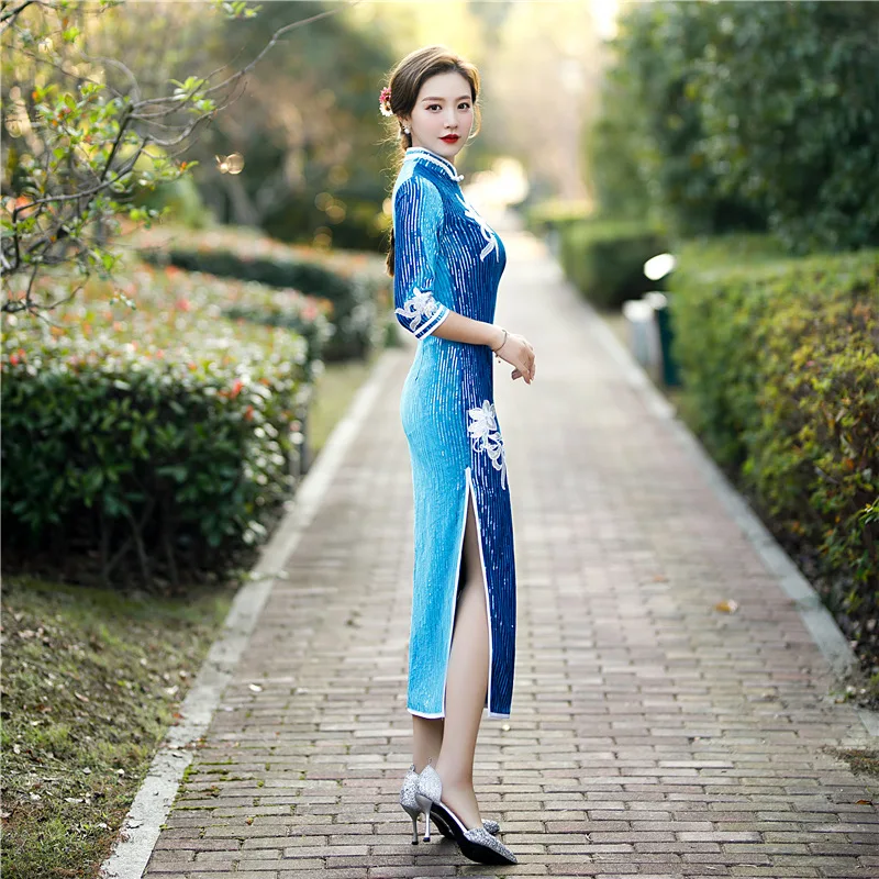 Синее бархатное платье-Ципао с блестками женское платье рукавом средней длины