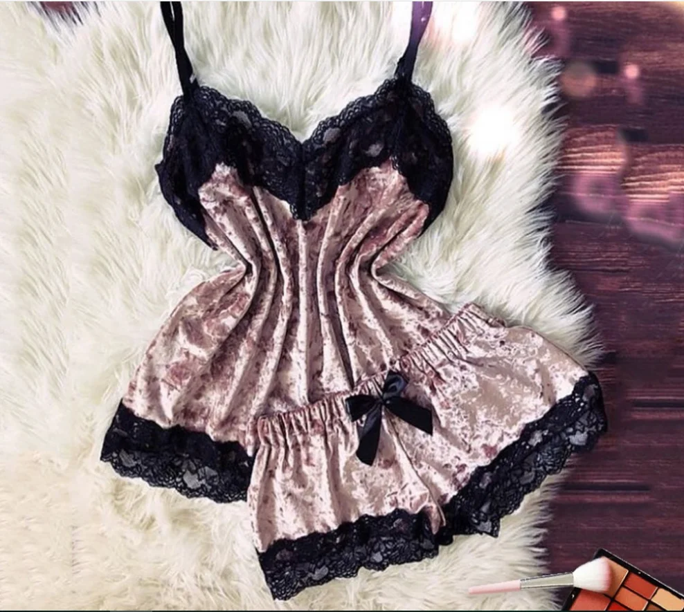 Пижама сексуальное нижнее белье Атласный пижамный комплект белые кружевные