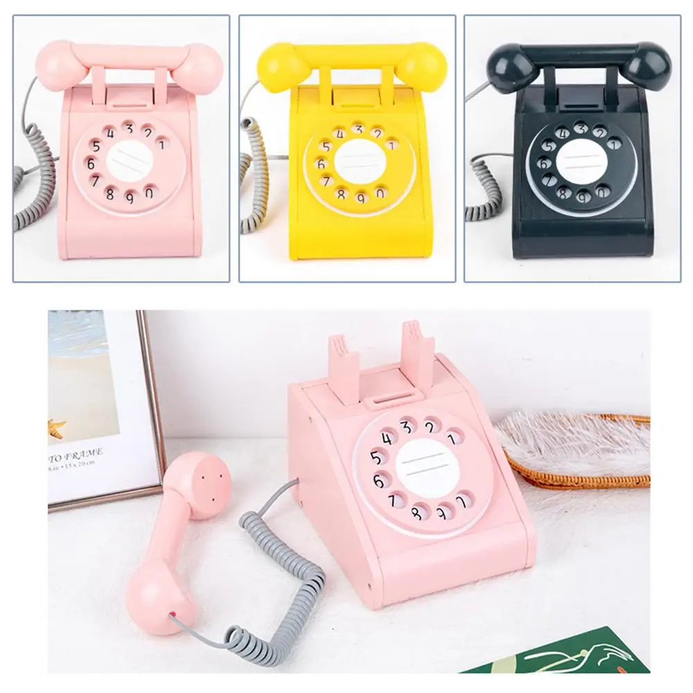

Kids Wooden Playhouse Dial Telephone Toy Interactive Pretend Phone Fashioned Landline Wired Phone Early Educational For Children