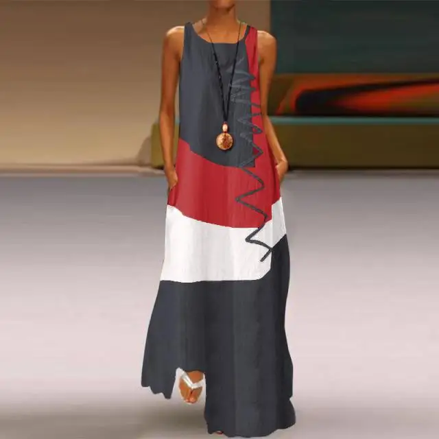 

Dresses for women woman dress European and American Vintage and Contrast Color Printed Sleeveless Cotton and Linen Long Dress