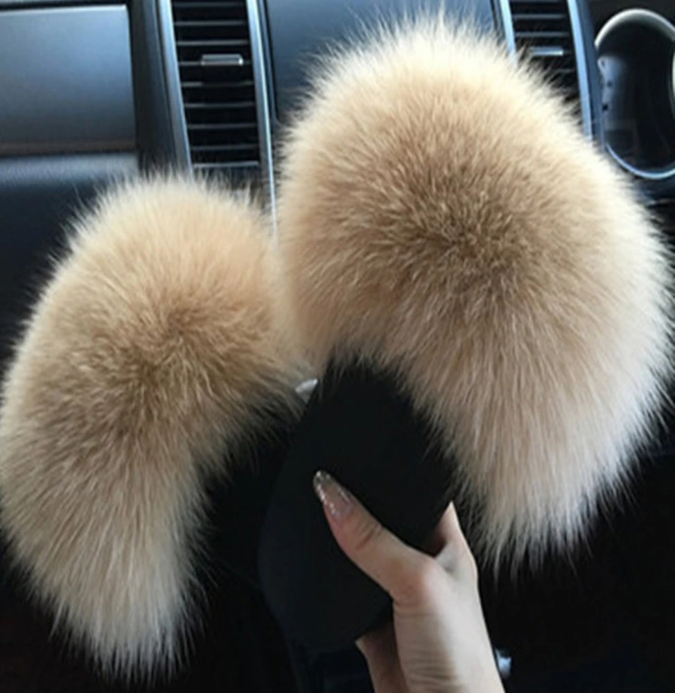 fox fur slides Женские летние тапочки на плоской подошве; тапочки из натурального Лисьего меха; женские тапочки с толстым ворсом; нескользящие домашние тапочки; серебристая подошва - Цвет: fox fur slides