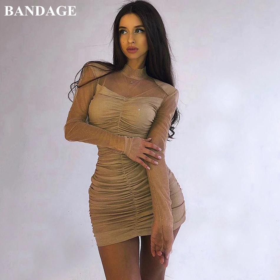 Женское кружевное Бандажное платье черное/хаки облегающее мини с длинным