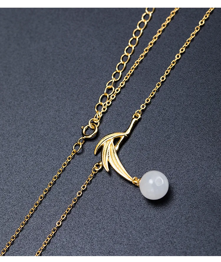

S925 silver hetian ja de pendant necklace simple wild temperament ethnic clavicle chain golden bamboo leaf pendant necklace