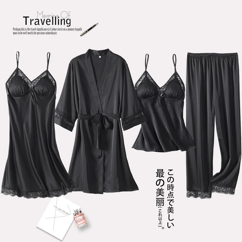 

4PCS Set Pajamas For Female Sexy Kimono Bathrobe Gown SATIN Nightwear Lace Sleepwear Satin Pyjamas Loose Intimate Lingerie Suits