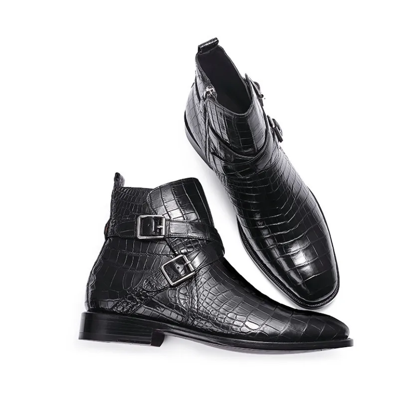 100% Роскошные деловые мужские ботинки из натуральной крокодиловой кожи с пряжкой
