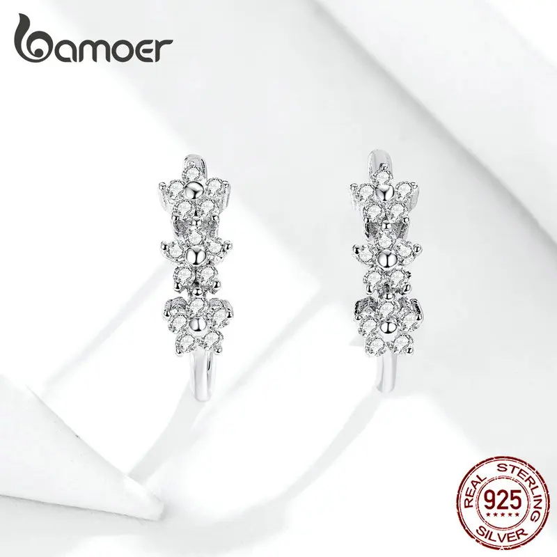 Bamoer, серьги-кольца с цветком, для женщин, натуральная 925 пробы, серебро, прозрачный Фианит, массивные Свадебные украшения для женщин, SCE756