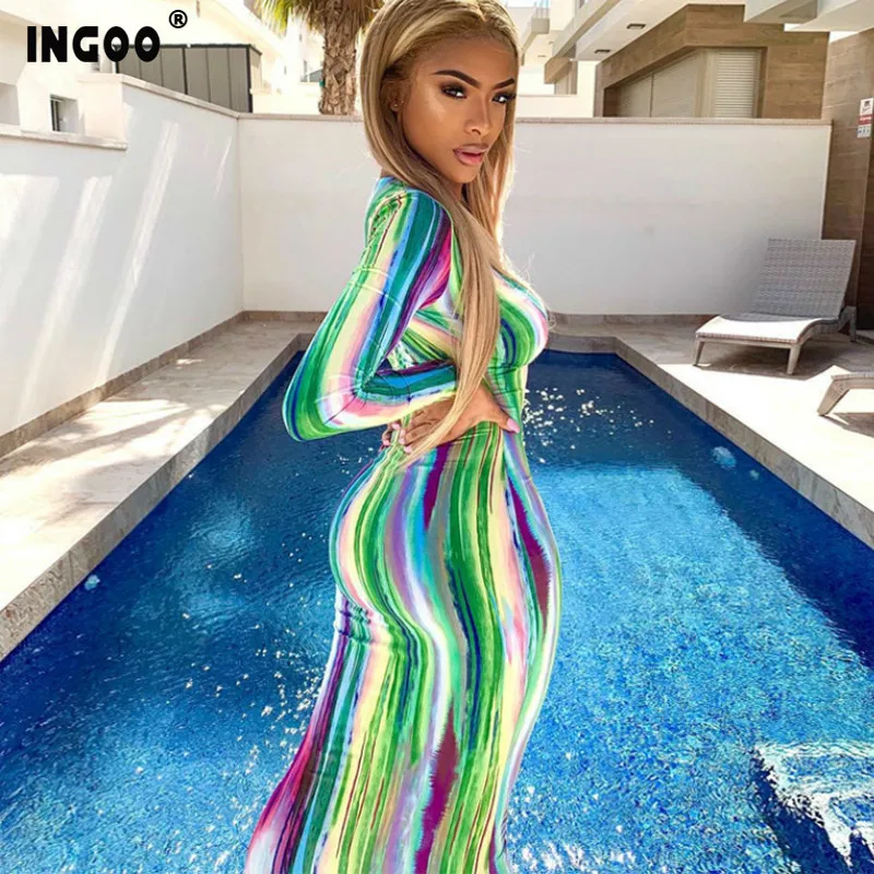 Женское длинное платье INGOO яркое макси в полоску с длинным рукавом и глубоким
