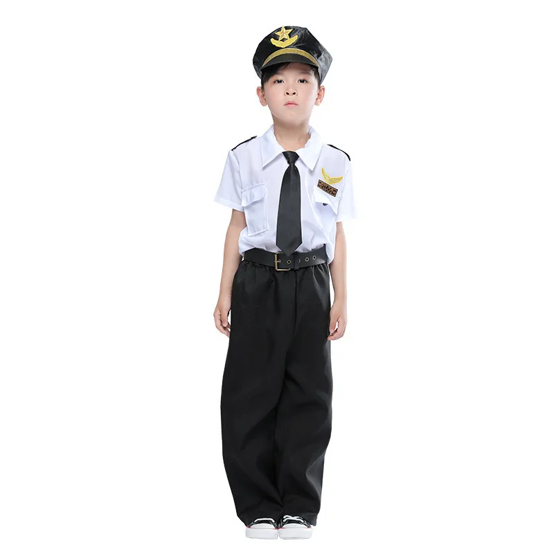 Halloween Cosplay Boys Kid Clothes Pilot Captain Uniform Matching Hat Belt Toys 4T-9T Carnival Role Play Prom Gown Costume |
