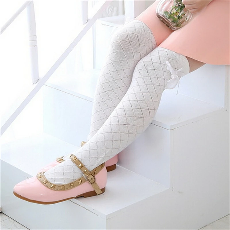 

4 Colors Tights School High Knee Gridding Bow Stockings Girl Classic Cotton Stockings
