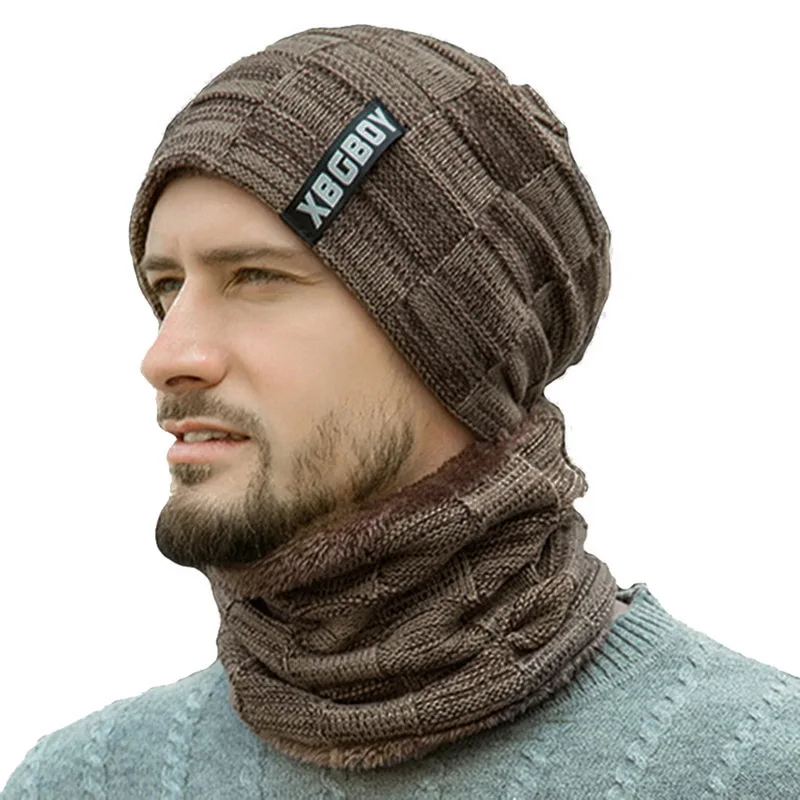khaki Комплект из 2 предметов, повседневная шапка+ шарф, модный мужской комплект, новинка, зимние теплые вязаные плотные шапки с черепом и мягкие плюшевые шерстяные шарфы - Цвет: khaki