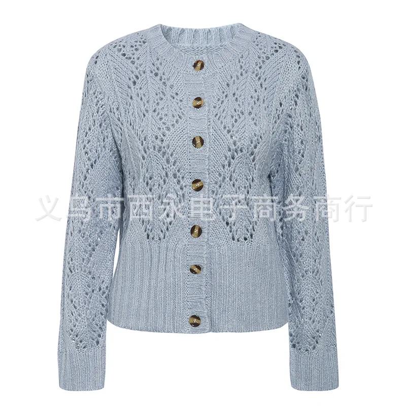 

WEPBEL Women Fashion Flower Knitwear Casual Open Sweater Autumn Winter Hollow Out Cardigan Round Neck Sweaters